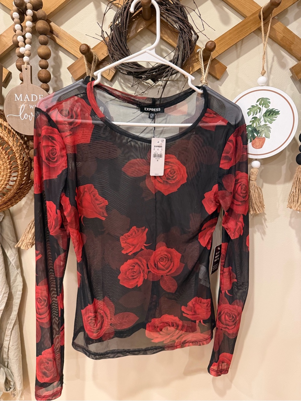 Express Black Sheer Long-Sleeve Top with Red Rose Print